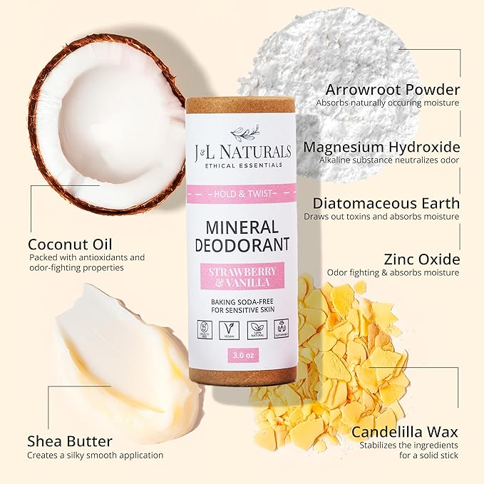 J&L Naturals Mineral Deodorant | Baking Soda-Free, 100% Natural, Sustainable | Sensitive Deodorant For Women & Men | Aluminum Free, Vegan, Cruelty-Free (Strawberry & Vanilla, 3 Oz (Pack of 1))