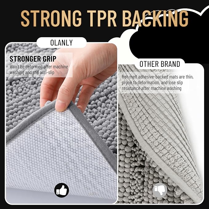 OLANLY Thick Bathroom Rugs 44x24, Extra Soft Absorbent Chenille Striped Bath Rugs, Rubber Backing, Machine Wash Dry, Bath Mats for Bathroom Floor, Tub and Shower, Home Decor Accessories, Grey