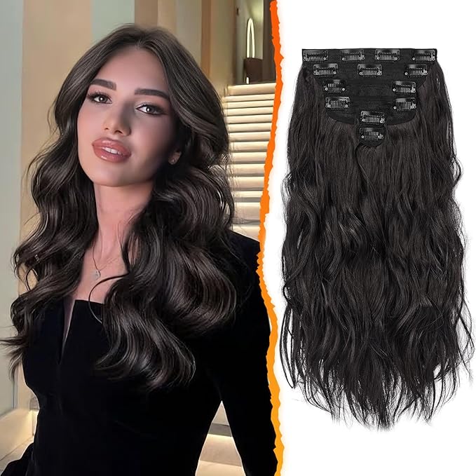 BARSDAR Beach Wavy Black Brown Clip in Hair Extensions – 16 Inch 6PCS Thick Soft Synthetic Hairpieces, Full Head Clip in Hair Extensions for Women – Voluminous Easy Wear Daily Party - Black Brown