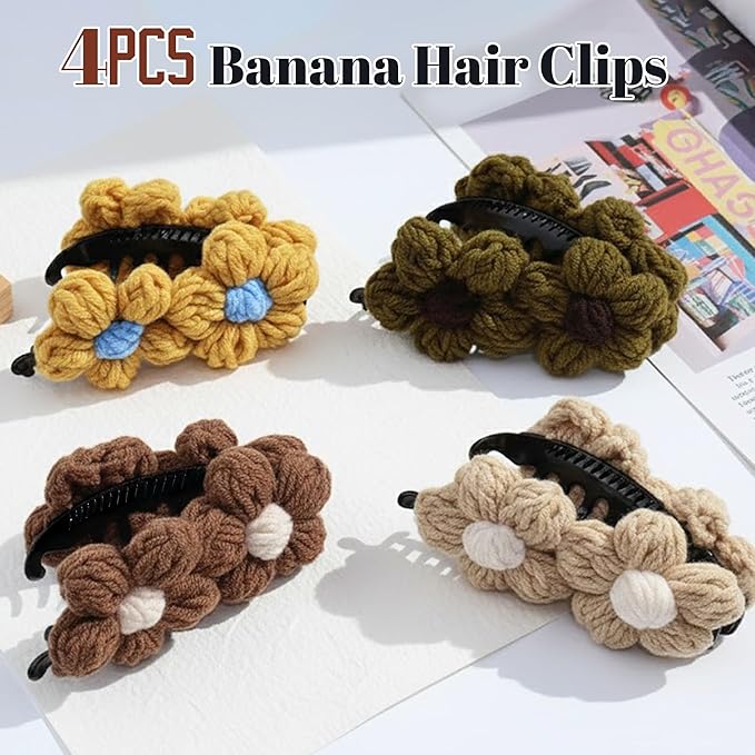 4Pcs Knitted Large Flower Banana Hair Claw Clips, Boho Yarn Hair Accessories for Women Girls, Non-Slip Floral Hair Jaw Clamps for Thick/Medium/Thin Hair, Cute Banana Hair Clips for Daily decoration
