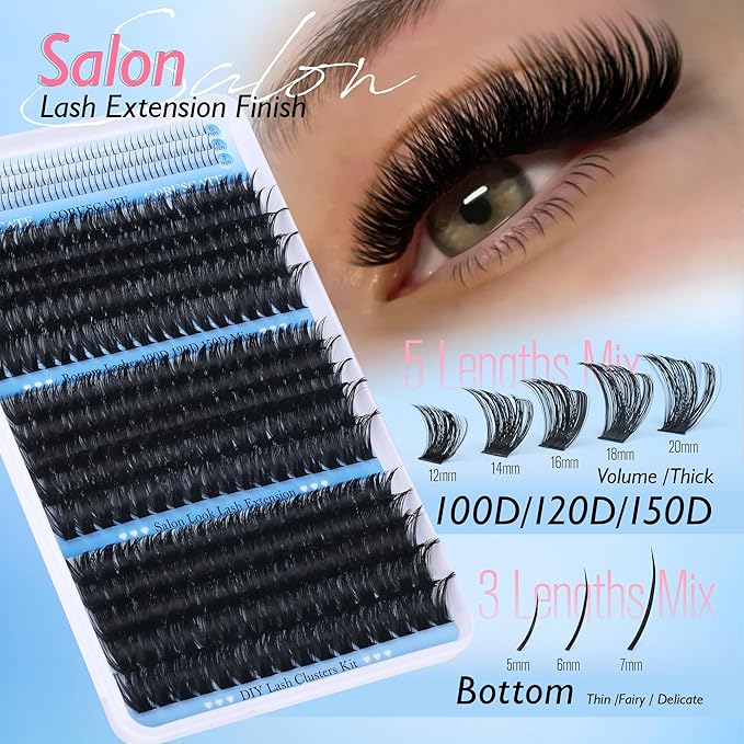 CORUSCATE Lash Clusters 100D120D150D with Bottom Lash, Cluster Eyelash Extensions Long 12-20mm DIY Cluster Lashes Thick Eyelash Clusters Volume Individual Lashes Extension 390pcs Eyelashes Strip