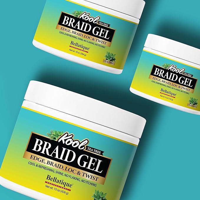 BELLATIQUE KOOL Braiding Gel Maximum Hold for LOC & Twist - No Flaking, No Whitening, Fast Drying, High Shine, Cool & Refreshing, Long Lasting Hold (15 oz)