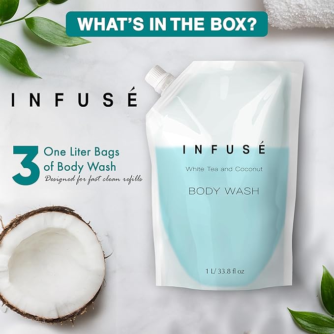 INFUSÉ 1 Liter Body Wash Refill Bag For Soap Dispensers | Bulk Toiletries for Vacation Rentals, and Home Bathroom Showers | White Tea and Coconut | Set of 3