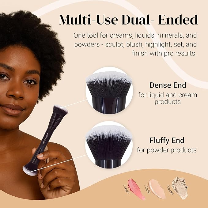 Keshima Dual-Ended Blush, Bronzer & Contour Makeup Brush - Dense Liquid End & Fluffy Powder End, Multi-Purpose Blending and Buffing for an Airbrush Finish, Works with Liquid, Cream & Powder, Black