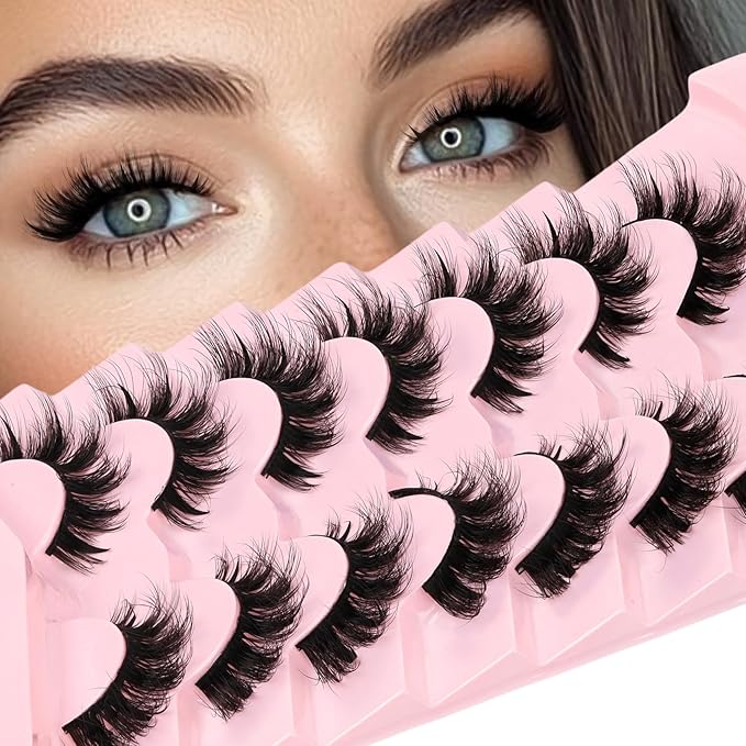 Losha Lashes Wispy False Eyelashes Fluffy Cat Eye Lashes 7 Pairs C Curl Lashes Strips Wet Look 10-17mm Fake Eyelashes with Lash Spikes (FC01)