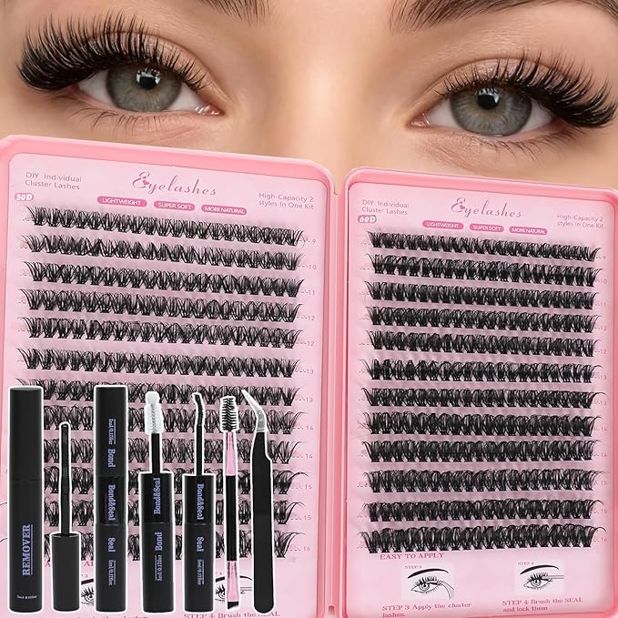 Lash Clusters Kit, Eyelash Clusters Individual Lash Extension Kit 480 Pcs D Curl Fluffy Wispy False Eyelashes Extensions Thin Band with Bond Seal Tweezers Brush Removers (50D+60D Kit 9-16mm)