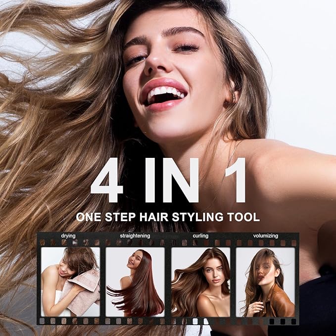 4-in-1 Travel Dual Voltage Hair Dryer Brush Blow Dryer Brush,Portable 2 inch Mini Hot Air Brush,Travel Hair Styler/Volumizer/Straightener/Curler,110-240V European Blow Dry Brush with EU&UK Plug
