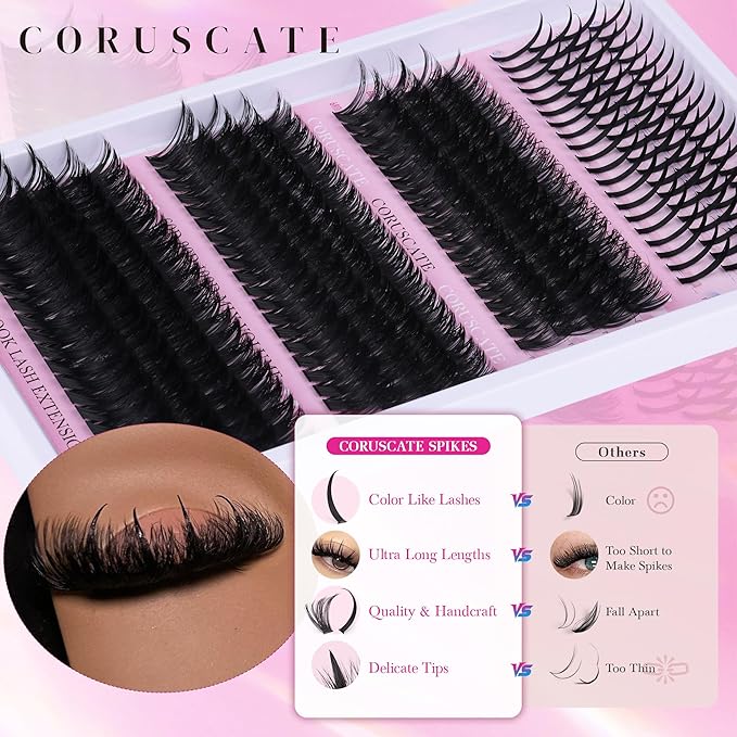 CORUSCATE Lash Clusters with Spikes 60D80D100D Eyelash Clusters Volume Cluster Eyelash Extensions Mega Style Lash Extension DIY Individual Lashes Strip Mink Spiky Thick Cluster Lashes
