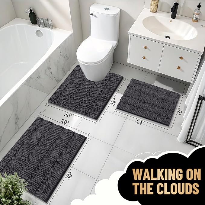 OLANLY Thick Bathroom Rugs 30x20, Extra Soft Absorbent Chenille Striped Bath Rugs, Rubber Backing, Machine Wash Dry, Bath Mats for Bathroom Floor, Tub and Shower, Home Decor Accessories, Dark Grey