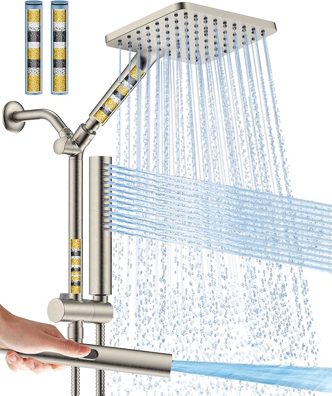 Hombeter Filtered Shower Head with Handheld Spray Combo High Pressure Rain Shower Head Dual Shower Head with Filters - Removes Chlorine Height Adjustable & Built-in Power Wash (Brushed Nickel)