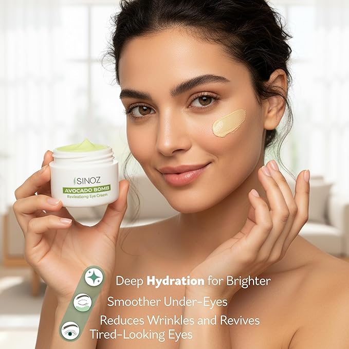 sinoz Avocado Caffeine Eye Cream for Dark Circles & Puffiness, Lightweight Under Eye Moisturizer, Vegan Daily Care, 0.5 fl oz (15 ml)