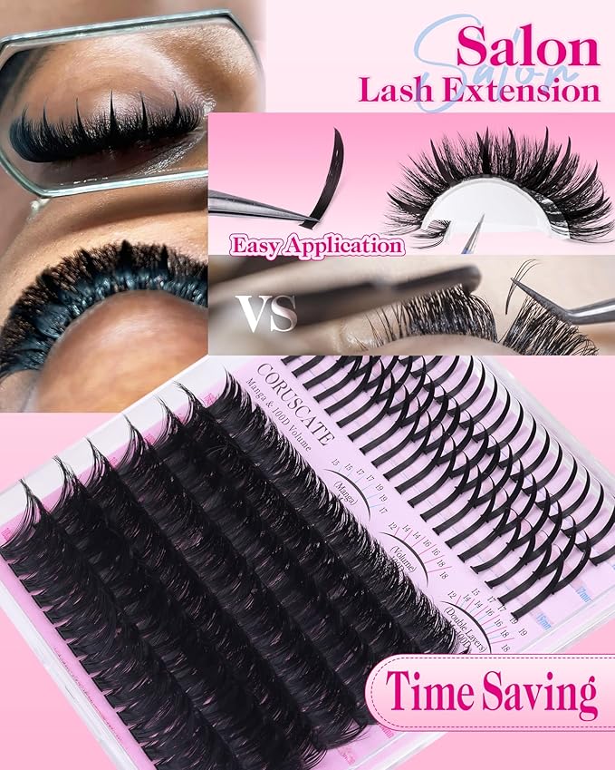 CORUSCATE 100D Lash Clusters with Spikes Eyelash Clusters 12-19mm DIY Cluster Eyelash Extensions Mega Thick Lash Extension Mink Strip Lashes Spike Individual Lashes Dramatic Full Look Travel Pal Pack
