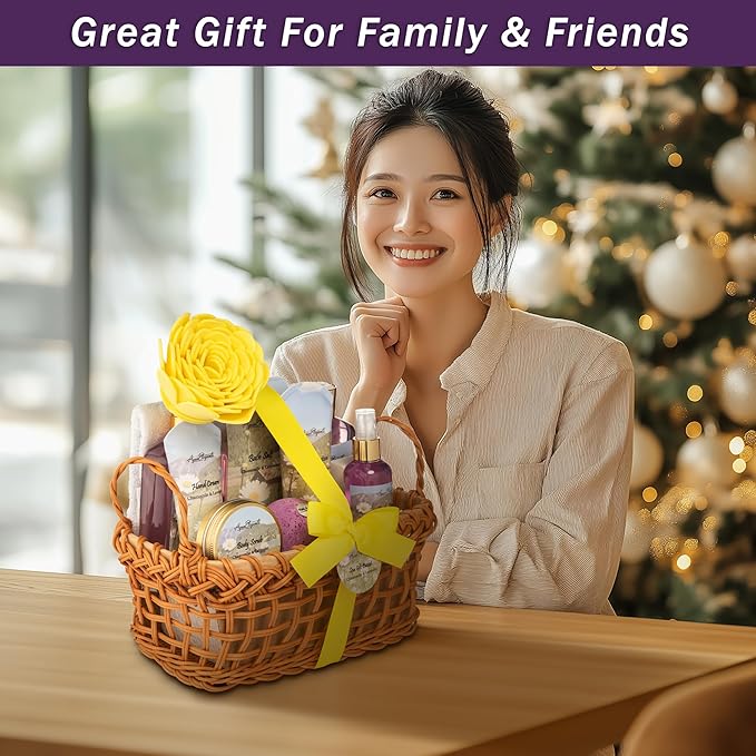 Spa Baskets For Women - Luxury Bath Set With Lavender & Chamomile - Spa Kit Includes Wash, Bubble Bath, Lotion, Bath Salts, Body Scrub, Body Spray, Shower Puff, Bathbombs, Soap and Towel