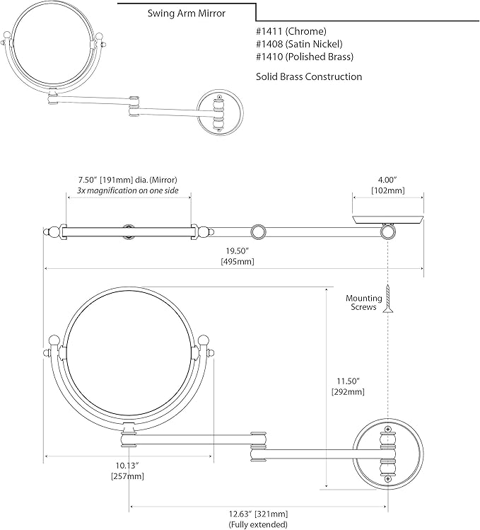 Gatco 1408 Wall Mount Mirror with 14-Inch Swing Arm Extents, Satin Nickel