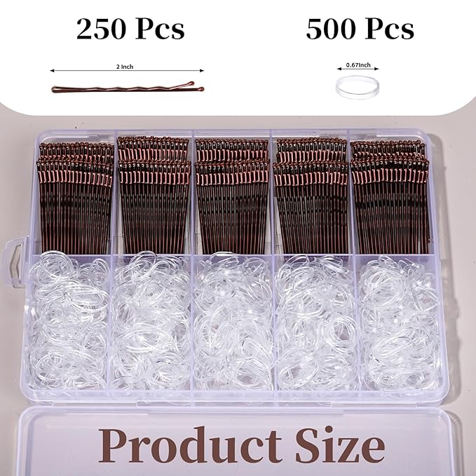 YGDZ 750 Count Bobby Pins Brown Kit, 250 PCS Mini Hair Pins for Styling, 2 Inch Bobby Pins for Women, Kids, Girls, 500 PCS Clear Elastic Hair Ties with Storage Box, Hair Accessories for Brown Hair