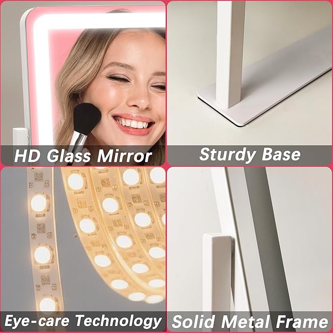 ROLOVE Vanity Mirror with Lights, 12.6"×15" LED Makeup Mirror, Lighted Makeup Mirror with Lights, Smart Touch Control Dimmable 3 Modes Light, Lighted Up Mirror for Makeup Desk, Bedroom, Dressing Room