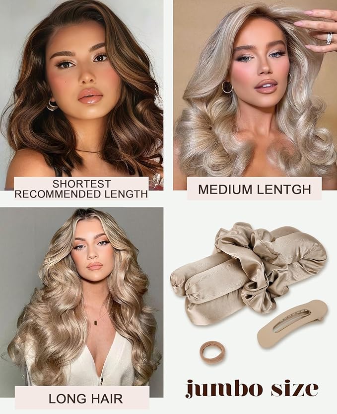 Jumbo Flexi Rods Hair Rollers Curlers to Sleep In Soft Satin Heatless Curling Rod Set, Heatless Curls Overnight Blowout Rods for Long Hair No Heat Overnight Curls, Heatless Hair Curler Curling Iron
