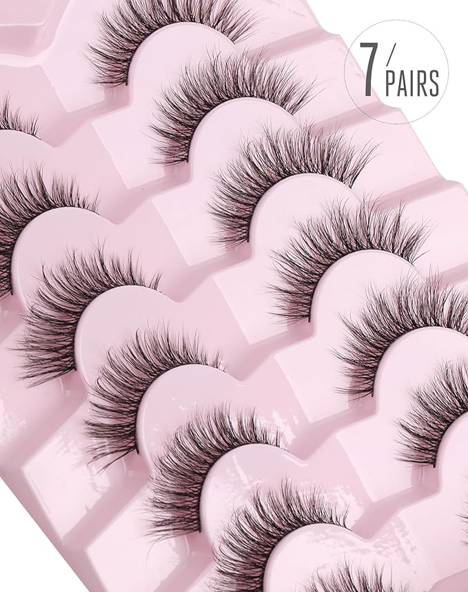 Onlyall Wispy 1 Eyelashes for Natural Flared Look, Soft Fluffy Lashes, Black, 7 Pairs D-K06