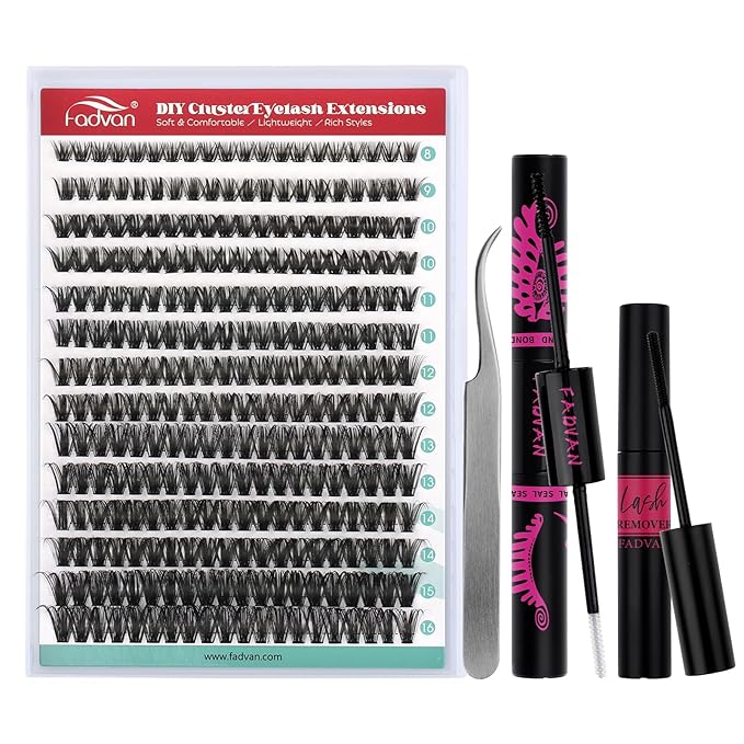 FADVAN DIY Lash Extension Kit 60D Volume Lash Clusters Kit with Lash Bond and Seal 280 pcs Thick Individual Lashes 8-16 mm D Mink Lashes Cluster, Lash Cluster Remover and Tweezers