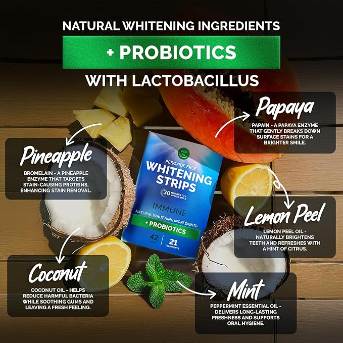 Teeth Whitening Strips by Pop On, 14 Strips, 7-Day Treatment, Non-Slip, Sensitive Teeth Whitening Strips, Made with Natural Ingredients, Coconut Oil, with Essential Probiotics, Hydrogen Peroxide Free