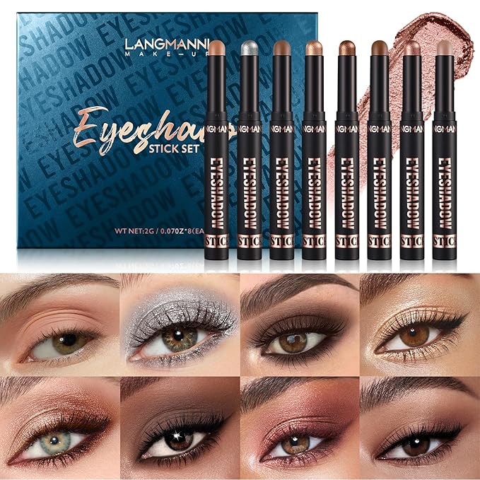 LANGMANNI 8 PCS Soft Smooth Cream Eyeshadow Stick Gift Set,Matte Earth Color+Bright Metal Color Contour Stick,Waterproof & Long-Lasting Eyeshadow (#A)