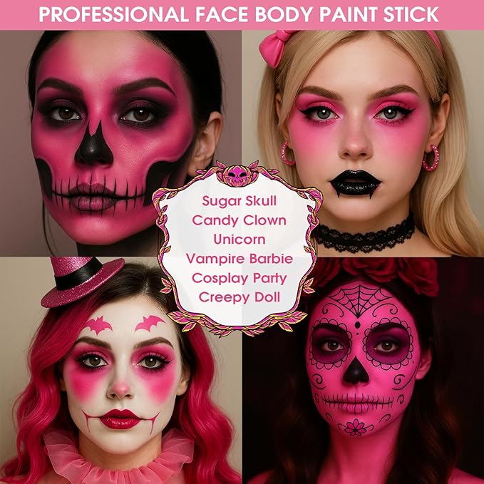BADCOLOR Pink Face Body Paint Stick, Cream Blendable Full Coverage Eye Black Facepaints for Adult, Professional Hypoallergenic Face Painting Kit for Halloween Special Effects Cosplay Party