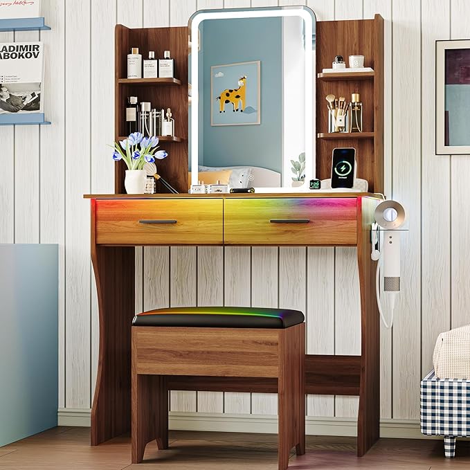 Vanity Desk with LED Lights Mirror & Power Outlet, Small Makeup Vanity Table Set with Storage Drawers & Chair, 3 Lighting Modes & Adjustable Brightness, Dressing Table for Women Girls Bedroom, Walnut