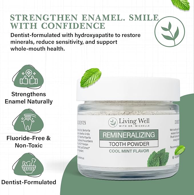 Living Well with Dr. Michelle Remineralizing Tooth Powder | Fluoride-Free Hydroxyapatite Formula | Supports Enamel Strength & Oral Wellness | Safe, Clean Ingredients | Cool Mint Flavor