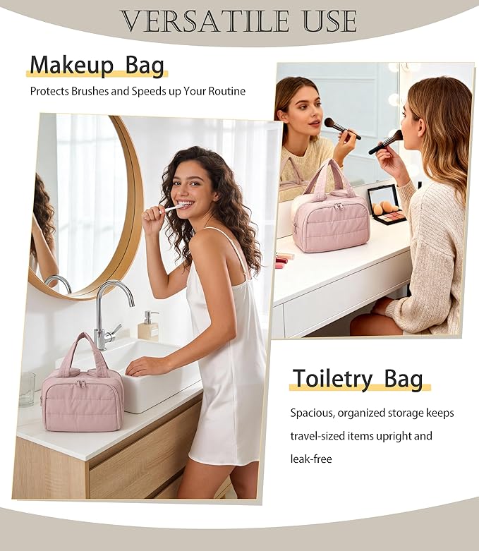 BUZFOWU Travel Toiletry Bag for Women, Large Wide-open Puffy Cosmetic Makeup Bag with Wet-Dry Separation, Multi-Pocket Organizer with Carry Handle for Toiletries, Cosmetics, Essentials, Light Pink