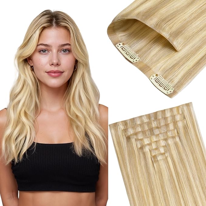 GOO GOO Invisi Edge Clip in Hair Extensions 24inch 170g 7Pcs Injected Seamless PU Clip in Hair Extensions, Virgin Real Human Hair, 18A/613A Dark Blonde Highlighted Bleach Blonde