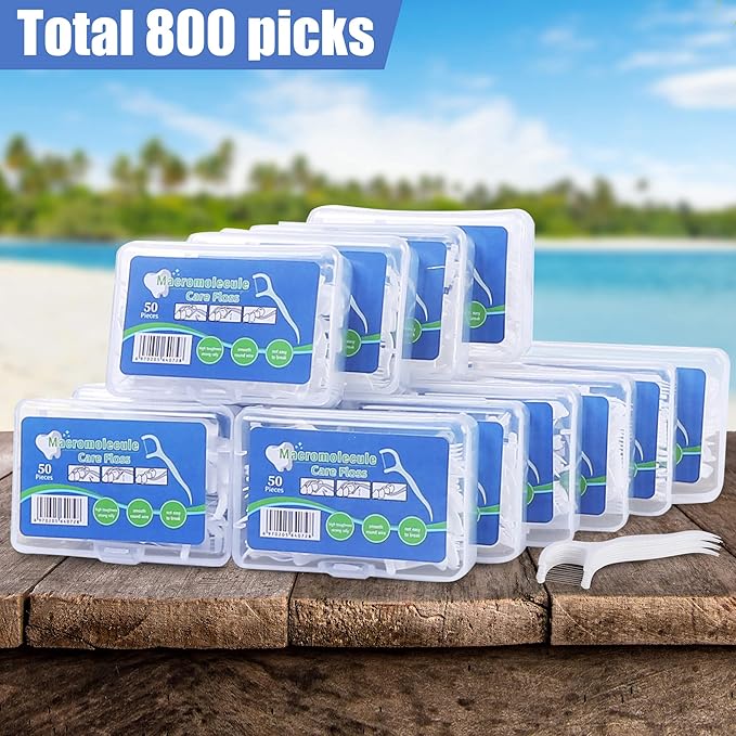 Aussumy 800 Count Dental Floss Picks – Built-in Toothpicks for Deep Cleaning, Comfortable Handle to Remove Plaque & Protect Gums – Family Pack with 50 Picks per Portable Case for Adults & Kids