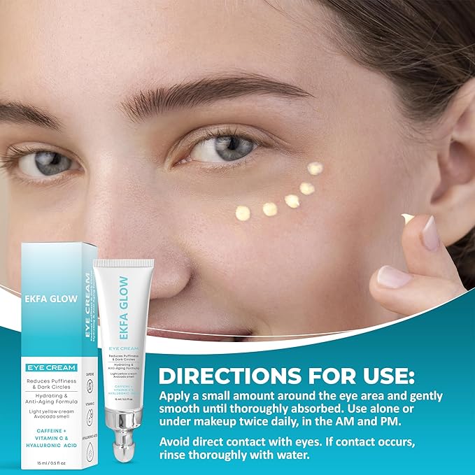 Ekfa Glow Caffeine Eye Cream for Dark Circles & Puffiness – Vitamin C + Hyaluronic Acid Anti-Aging Under Eye Cream for Women, Hydrating & Brightening, 15ml