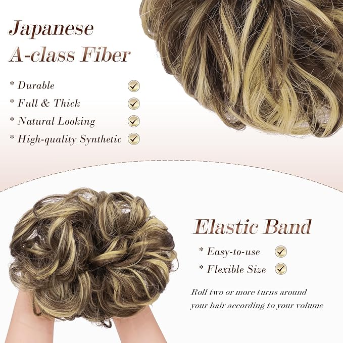 FESHFEN Messy Bun Hair Piece - Wavy Synthetic Chignon Scrunchies for Instant Volume, Elastic Bun Ponytail Hair Extensions Thick Hairpieces for Women, Light Brown & Blonde 1.50 oz