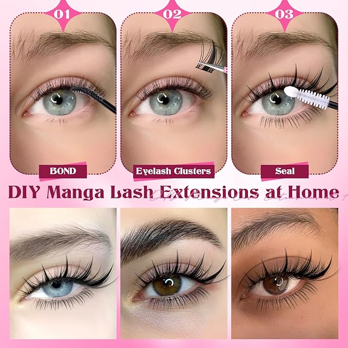 Fairy Lash Clusters Kit 8-16mm Manga Eyelash Clusters with 5-6mm Bottom Lashes C-curly Lash Extension Kit Spiky Anime Individual Lashes DIY Cluster Eyelash Extensions Kit Natural Thin Band Lash Kit
