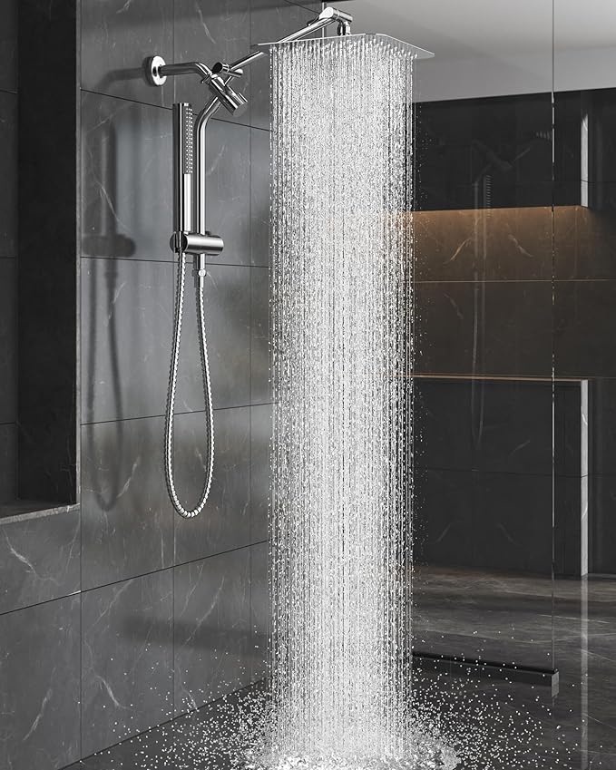 Veken 10'' All Metal Rain Shower Head with Handheld Spray Combo, Hand Held Bathroom Showerhead Combo with Extension Arm, Dual shower with Power Wash, Adjustable Rainfall Shower Head, Chrome