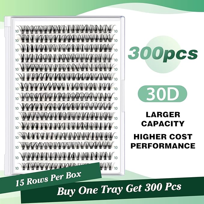 Lash Clusters 300pcs Individual Lashes 30D 0.07D Curl 10mm DIY Eyelash Extension KEYYOU Large Tray Volume Soft&Natural Cluster Lashes(30D-0.07D,10）