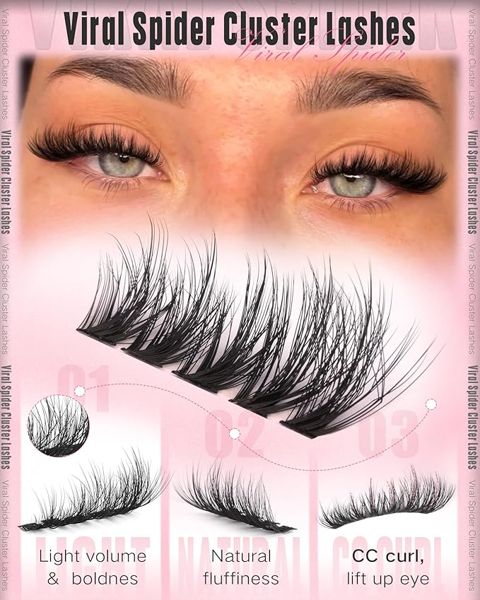 Spider Lash Clusters Wispy Eyelash Clusters Fluffy Lashes Clusters CC Curl Cluster Eyelash Extensions Light Volume Cluster Lashes 12-16mm Eyelashes Clusters for DIY Lash Extension