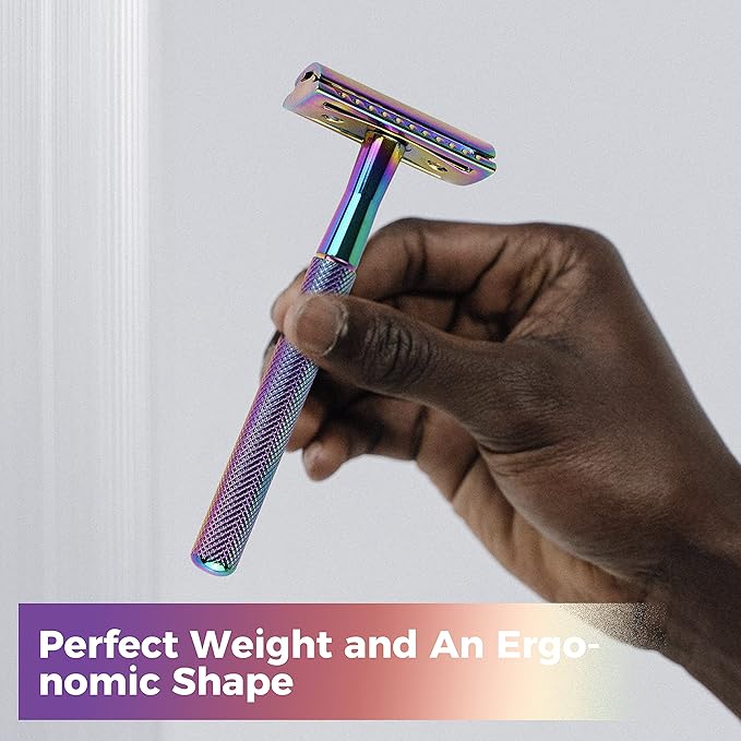 ZOMCHI Double Edge Safety Razor with 5 Safety Razor Blades, Women & Men’s Safety Shaving Razor, Reusable Razor, Plastic Free – Rainbow