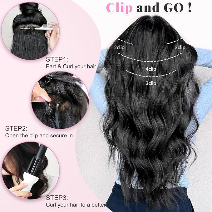 ALXNAN Clip in Long Wavy Synthetic Hair Extension 20 Inch Black Mix Purple Highlights 4PCS Thick Hairpieces Fiber Double Weft Hair for Women