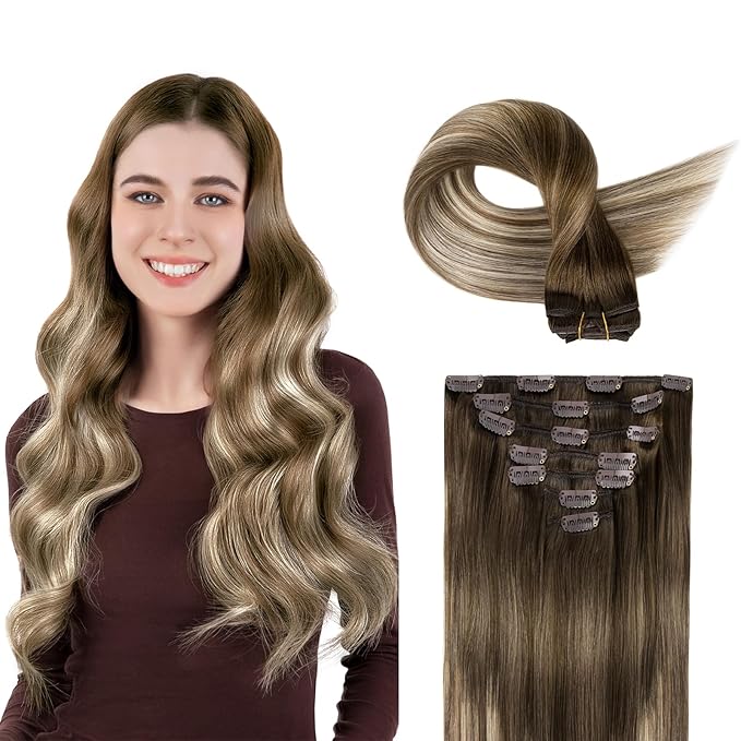 Clip in Hair Extensions Real Human Hair, Silky Straight Remy Hair Extensions for Women, Balayage Walnut Brown to Ash Brown and Bleach Blonde #3TP8/613 16Inch 120G 7PCS