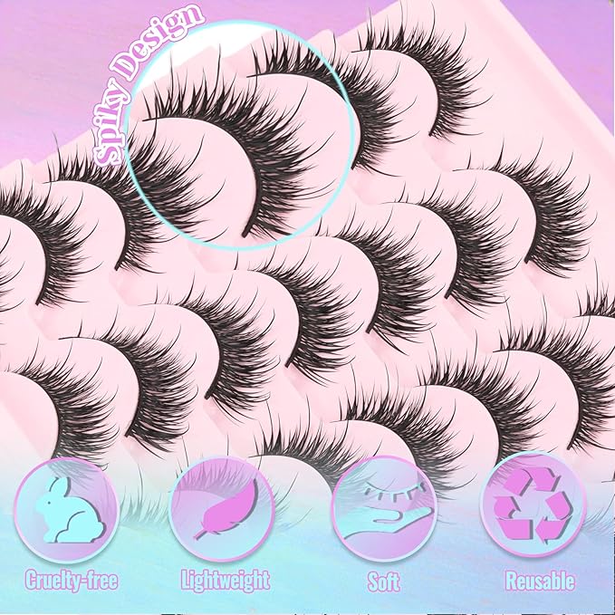 Losha Lashes Wispy False Eyelashes 14 Pairs Spiky Manga Lashes Natural Anime Fake Eyelashes Soft Asian Lashes Strips (Vivid)