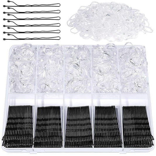 YGDZ 750PCS Bobby Pins Black Kit, 250 Hair Pins for Women, 2 Inch Wave Bobby Pins for Black Hair, 500 Clear Elastic Hair Ties, Bulk Hair Pin for Buns, Hair Accessories for Women, Kids, Girls