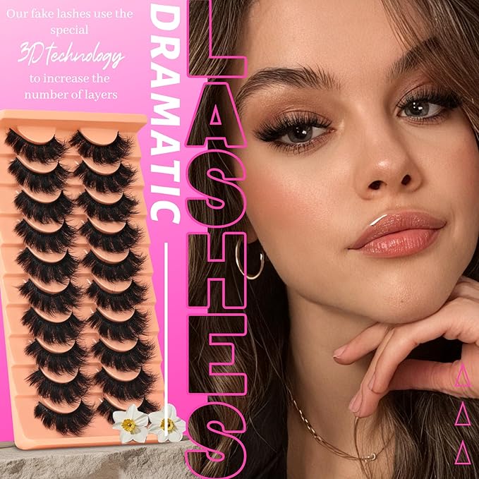 Veleasha Fluffy Lashes D Curl Faux Mink Eyelashes Soft Volume False Eyelashes Downy Fuzz Fake Lashes 15-20MM Thick Dramatic 10 Pairs Eyelash Pack (6D31)