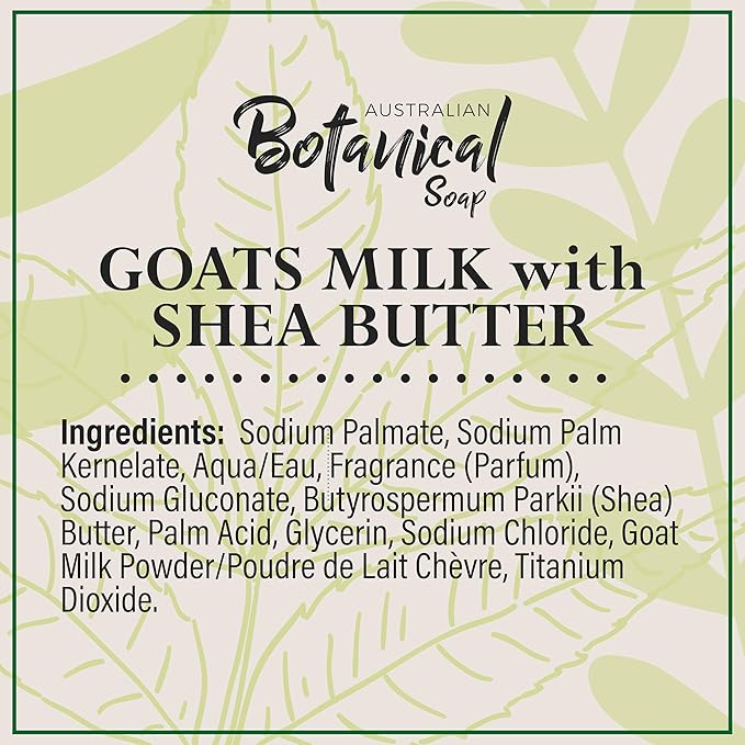 Australian Botanical Soap, Goat Milk Soap with Shea Butter, 6.6 oz. Bars, Triple Milled Body Cleanser, Made in Australia with African Shea Butter and Native Goat Milk, All Skin Types, Pack of 8