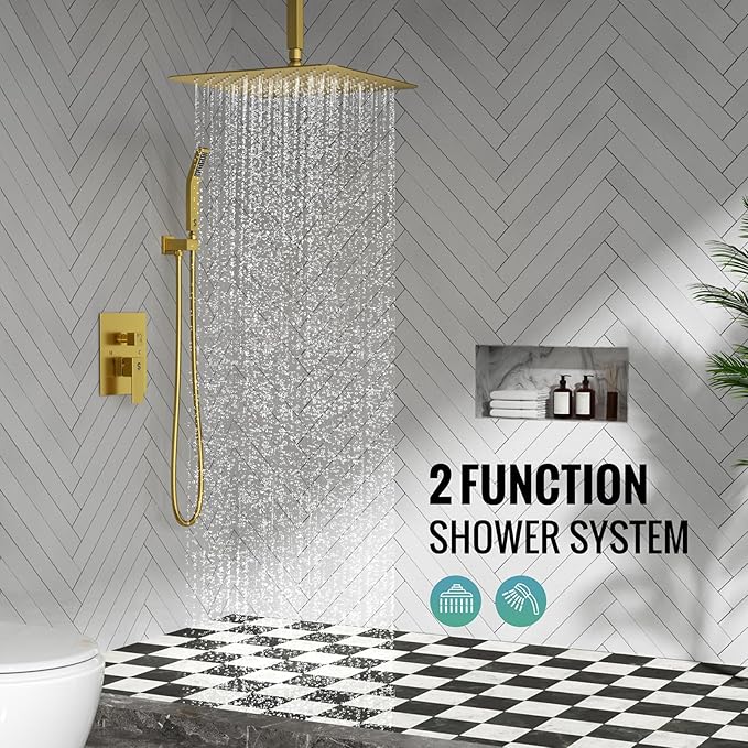 SR SUN RISE 16 Inch Ceiling Mounted Shower System Rain Mixer Shower Combo Set Rainfall Shower Head System Brushed Gold Shower Faucet Rough-in Valve Body and Trim Included