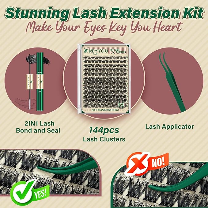 KEYYOU Lash Clusters Kit 144pcs Soft&Natural Lash Clusters Fluffy Lash Extension Kit D Curl 8-18MIX with Bond and Seal,Applicator Thin Band Eyelash Clusters for DIY at Home(Haze）