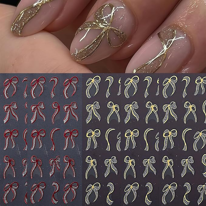 6 Sheets Bow Nail Art Stickers Bows Stickers for Nails 3D Self Adhesive Gold Red Bow Nail Decals Ribbon Bowknot Nail Design Cute Bow Nail Supplies Glitter Bow Stripe Nail Decor for Women DIY Manicure