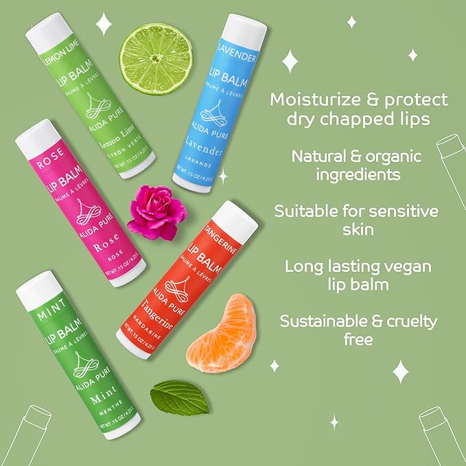 ALIDA PURE Aria Lip Balm Collection, Vegan Set, Beeswax Free, with Organic Jojoba and Avocado Oil, Vitamin E, Natural Moisturizer for Dry, Chapped Lips, 5 Tube Set