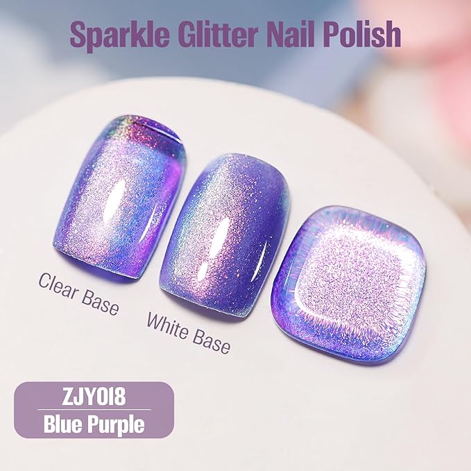 Glitter Nail Polish Blue Purple 15ml, Quick Drying Nail Polish Shimmer Glossy Regular Long-Lasting Air Dry Oil-Base Aurora Nail Art DIY for Ladies
