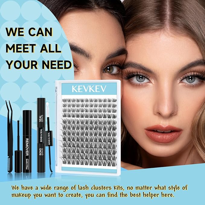 KevKev Lash Clusters Kit Eyelash Clusters Kit 144pcs Cluster Eyelash Extensions Kit DIY Lash Extension Kit Wispy Lash Clusters with Lash Bond and Seal Lash Applicator Lash Remover(Ice, D-8-18mix)